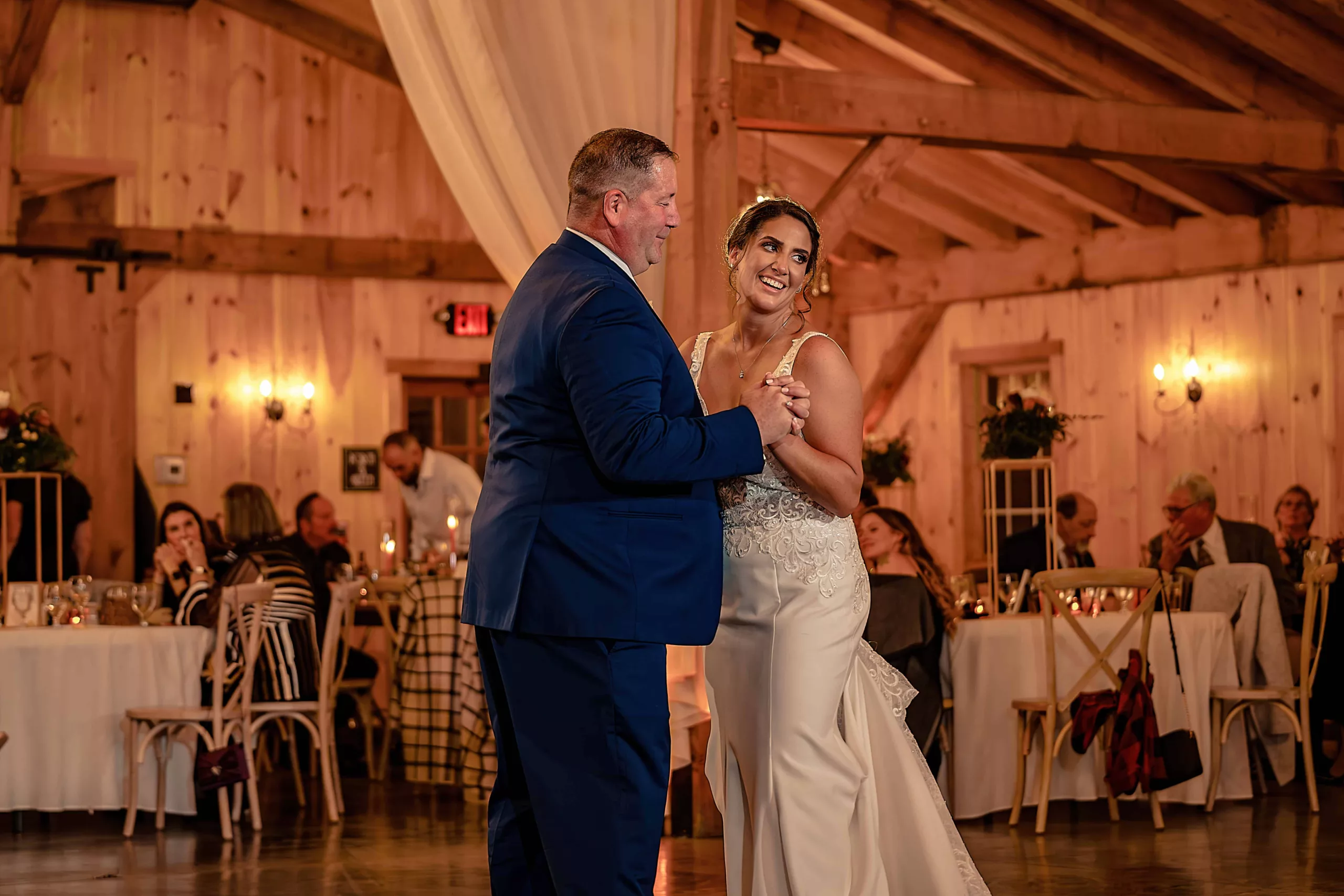 Bride and father sharing a heartfelt first dance at a connecticut barn wedding venue